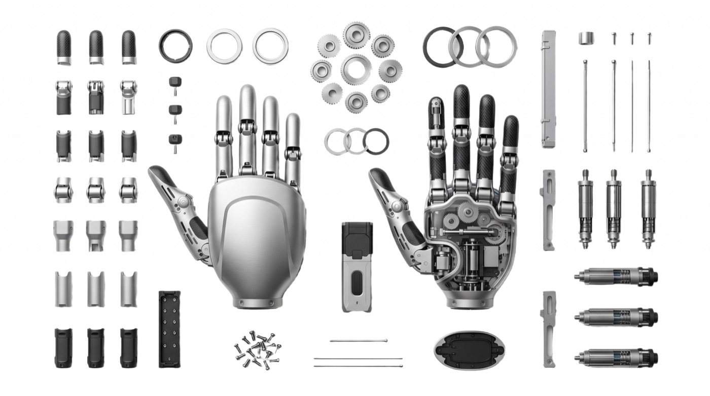 Components of the DD16 direct-drive dexterous hand laid out