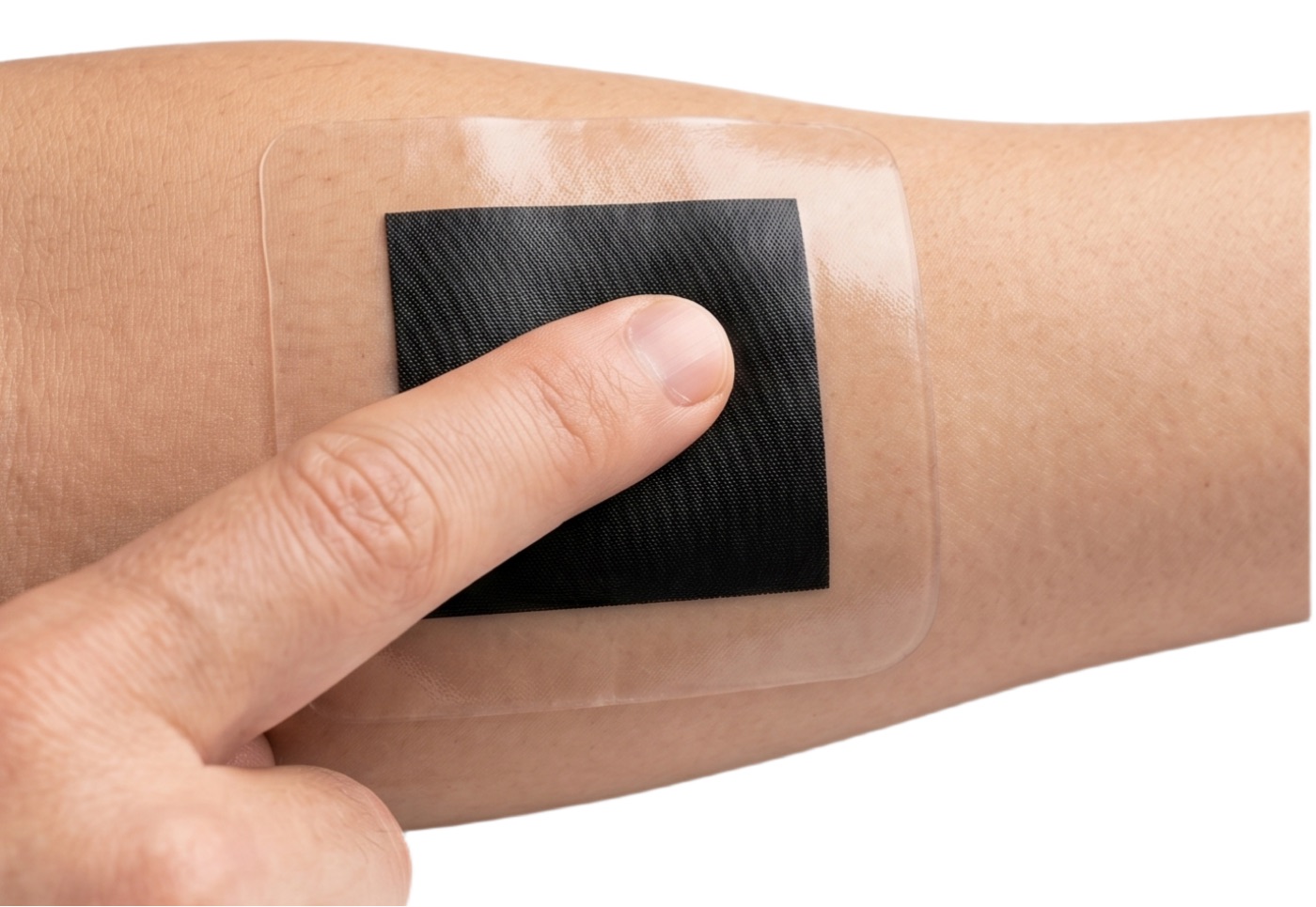 A finger pressing a black FPS-01 tactile e-skin patch on a forearm