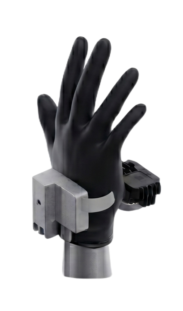 A black data-collection glove with a wrist module