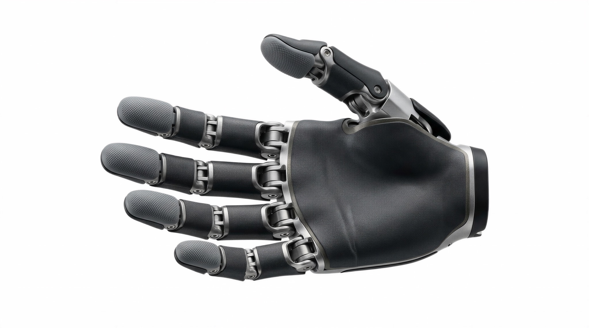A dark robotic hand covered in hybrid e-skin