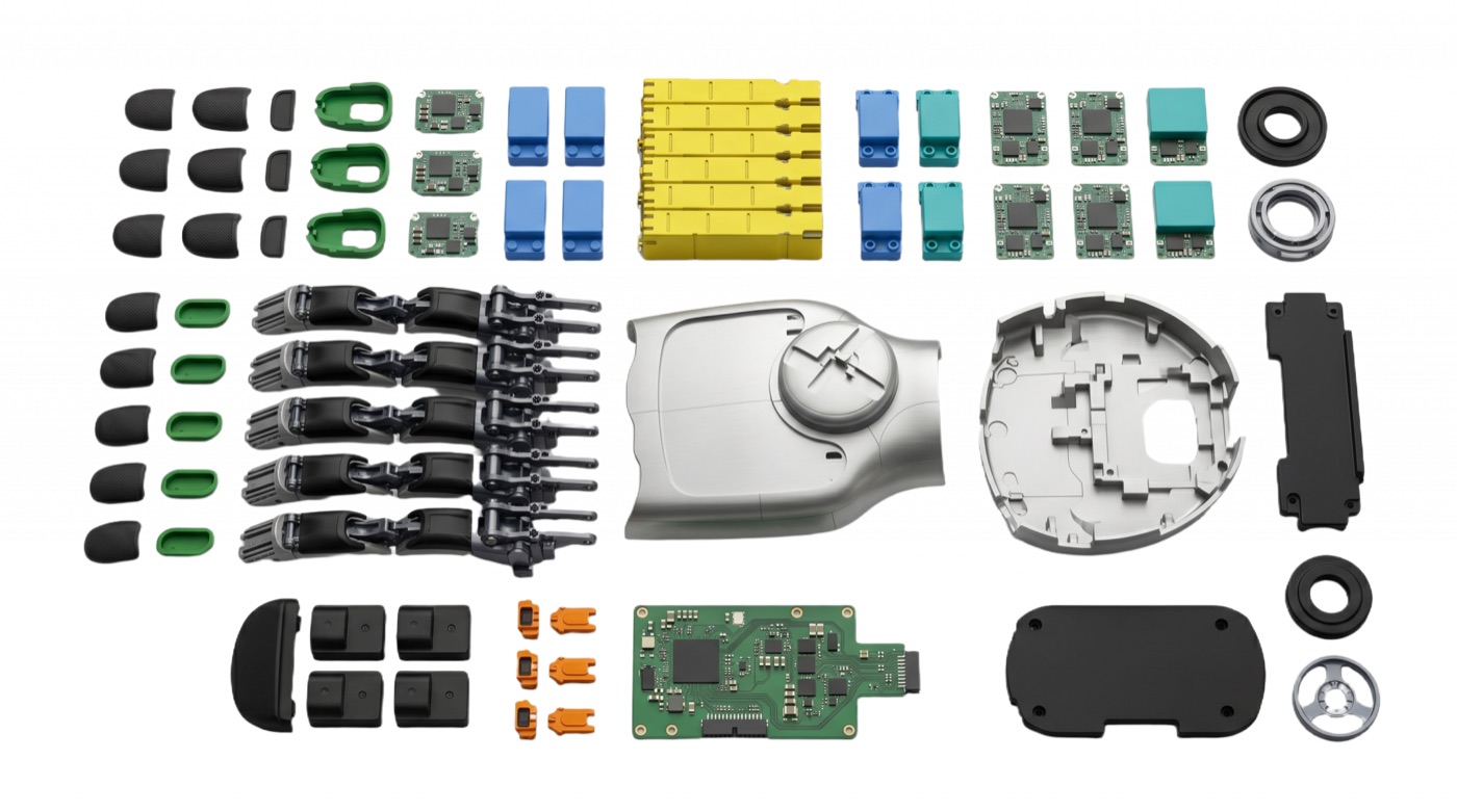 Components of the L22 linkage dexterous hand laid out