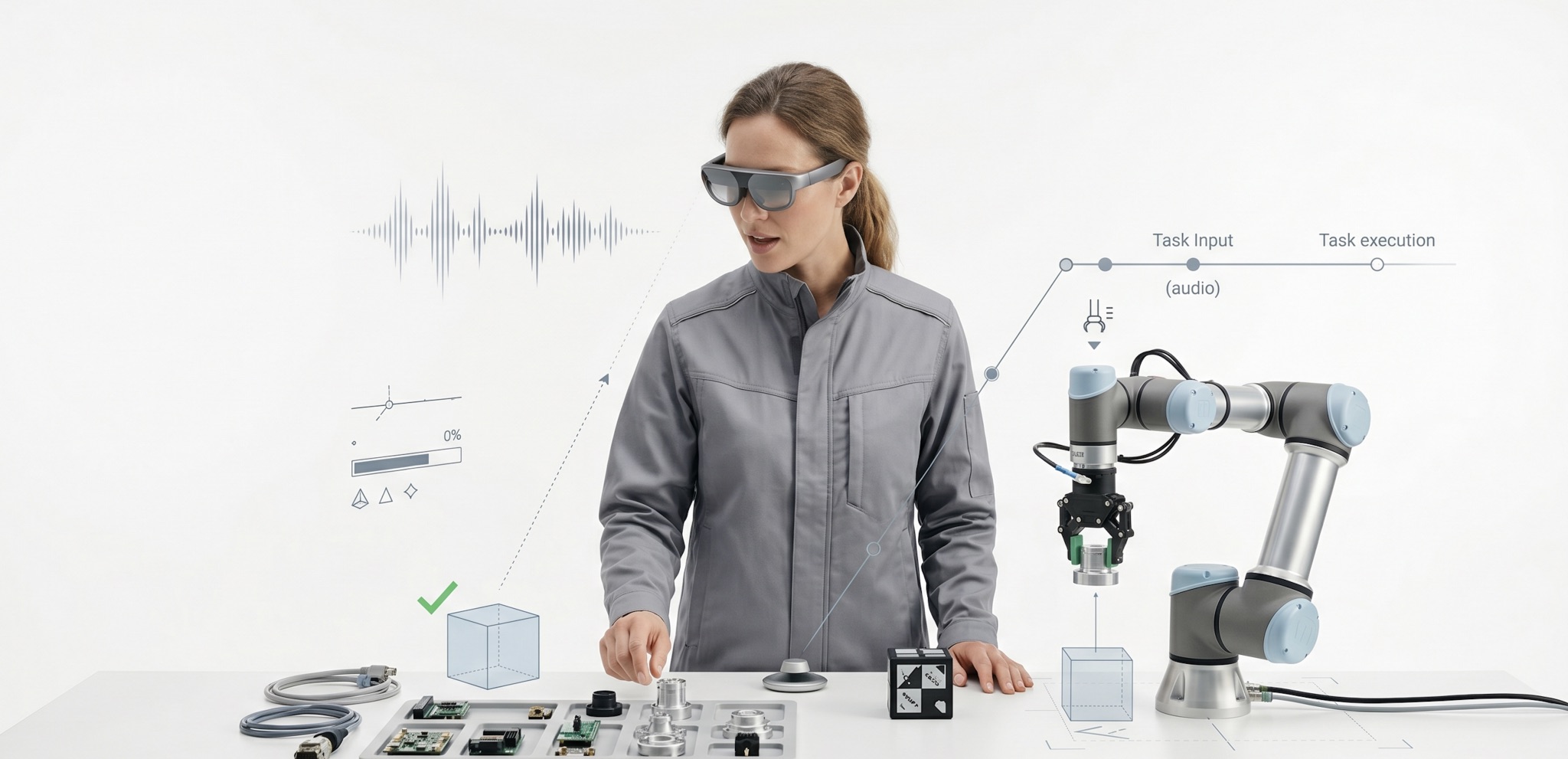 An operator wearing a head-mounted camera collecting manipulation data next to a robot arm