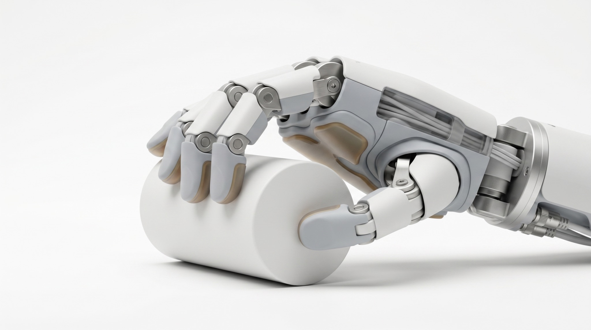 A white robotic hand gently grasping a white cylinder